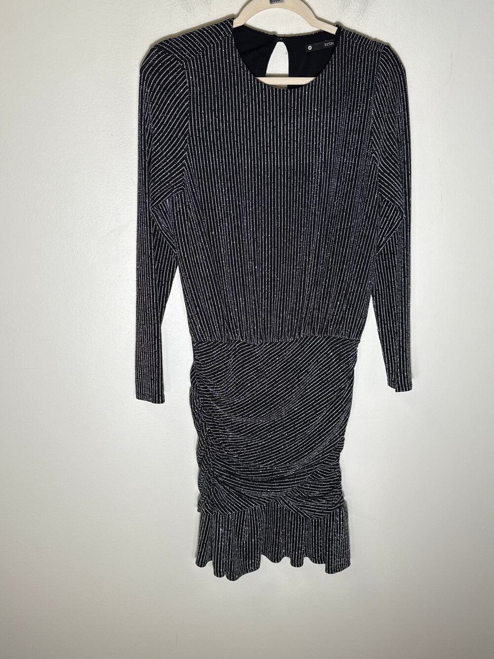Krisa Black and White Stripe Long Sleeve Drop Waist Knee Length Dress Sz M